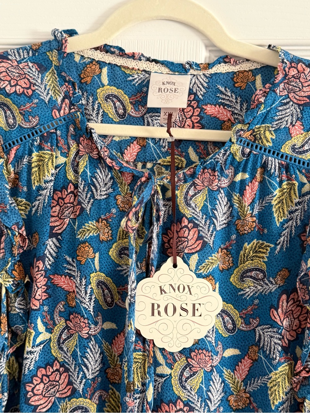 Knox Rose Blue Floral Ruffle Sleeve Tie-Neck Blouse XXL - Picture 6 of 11